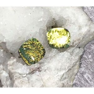 Earrings, Yellow Gold Dichroic Glass Stud Earrings, NEW, square, Handmade